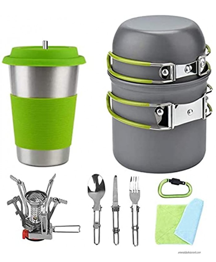 Bisgear 14pcs Camping Cookware Stove Stainless Steel Cup with Straw Mess Kit Backpacking Cooking Gear Hiking Pot Pans Outdoors Cookset Bug Out Bag Carabiner Flatware Dishcloth