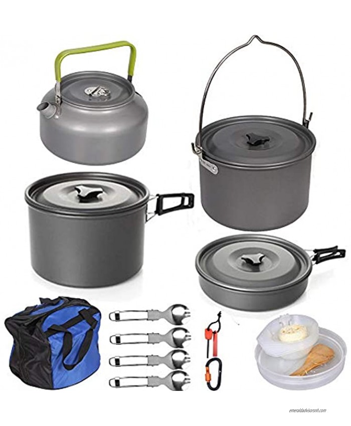 Bisgear 22pcs Family Camping Cookware Mess Kit Backpacking Cooking Outdoor Cook Large Size Hanging Pot Pan Kettle with Base Cook Set for Backpacking Hiking Picnic Bowls Plates,Forks