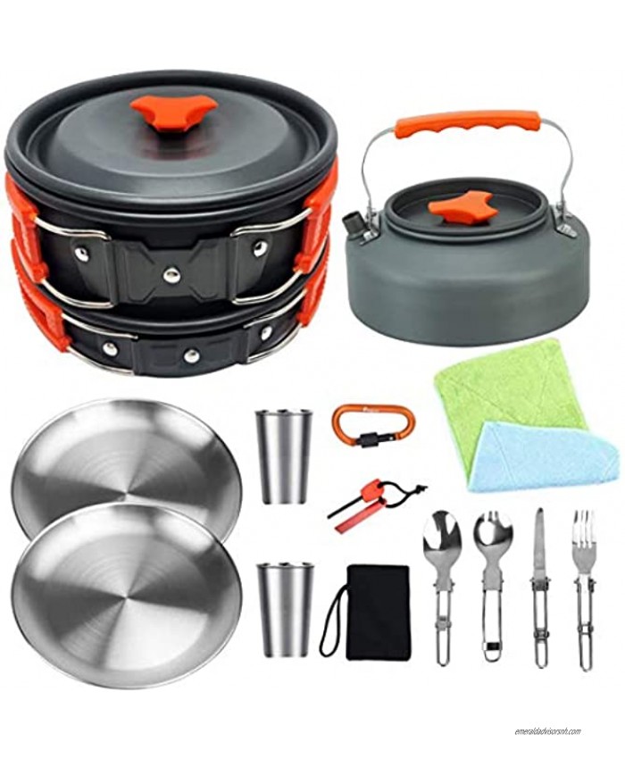 Bisgear Camping Cookware 18 8 Plates Outdoor Stove Kettle Pot Pan Mess Kit Stainless Steel Cup Utensil Backpacking Gear Bug Out Bag Cooking Picnic Cookset for 2 Person
