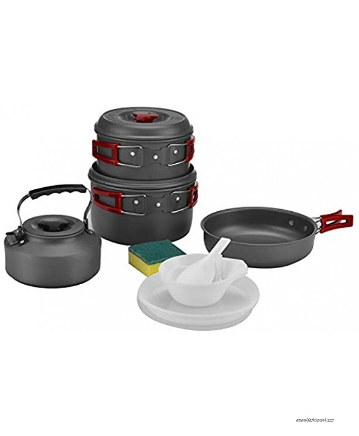Bulin 13Pcs Camping Cookware Mess Kit Nonstick Backpacking Cooking Set Outdoor Cook Gear for Family Hiking Picnic Lightweight Cookware SetsKettle Pots Frying Pan BPA-Free Bowls Plates Spoon