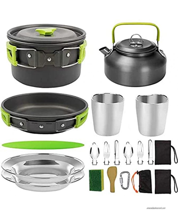 CubicSugar 20PCS Camping Cookware Mess Kit with Kettle Stainless Steel Cups Plates Forks Knives Spoons Outdoors Lightweight Cookware Set for Hiking Backpacking Cooking Picnic