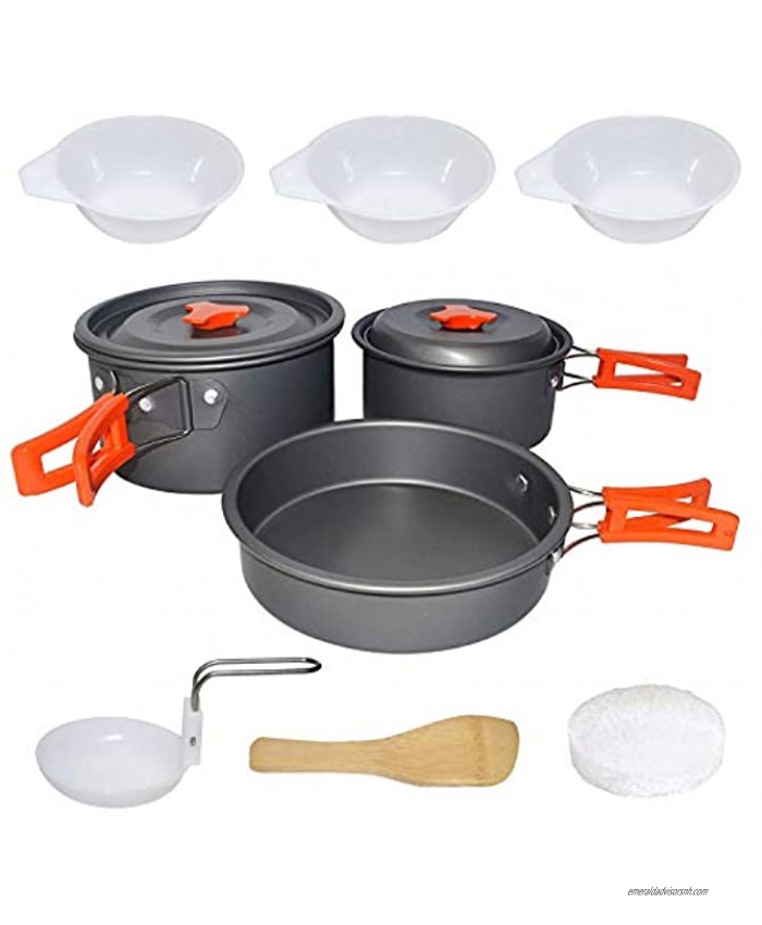 ecox Outdoors Cookware 2 Pots 1 pan 3 Bowls 1 Spoon 1 Sponge Camping Lightweight Backpacking Cooking Set Ideal for Hiking Camping and Outdoors CS3P10P