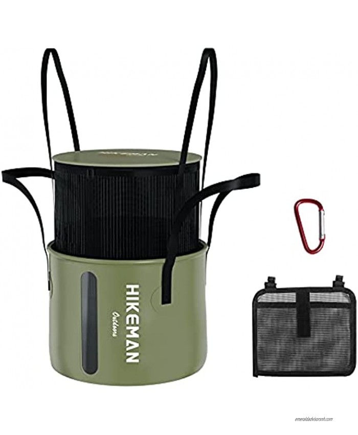 Hikeman Collapsible Bucket with Handle,6 Gallon Folding Water Container Pail Portable Sink with Mesh Bag for Wash Fruits Dishes in Camping Hiking Fishing and Gardening Army Green