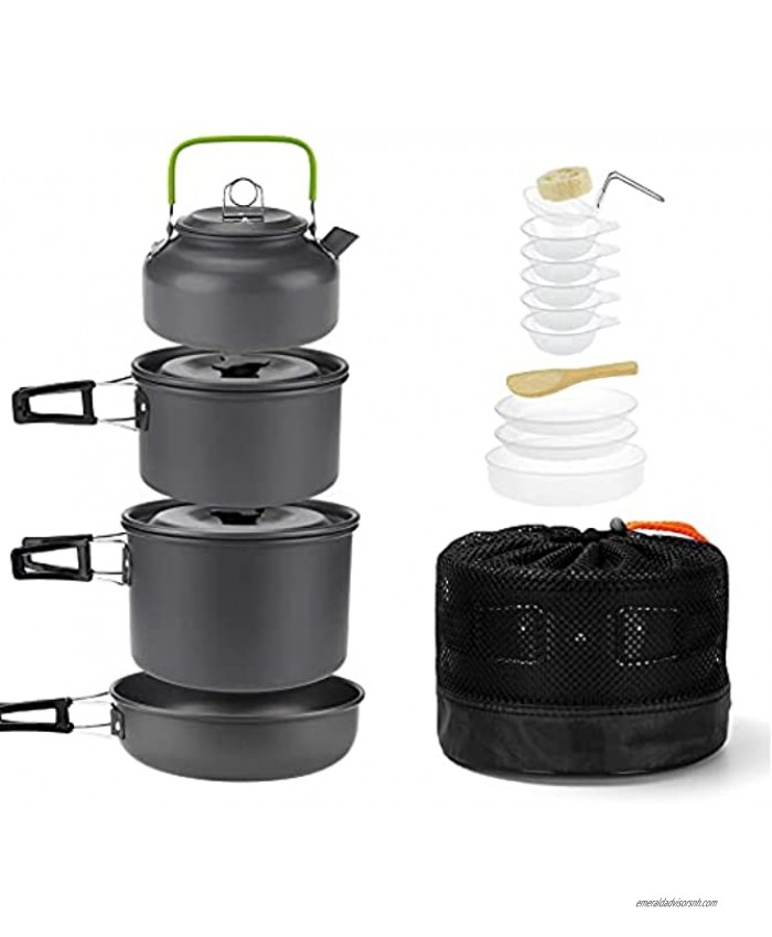 Isrechic 19 PCS Camping Cookware Set Lightweight Backpacking Cooking Set with Kettle Outdoor Camping Pots and Pans Set for Family Hiking Picnic