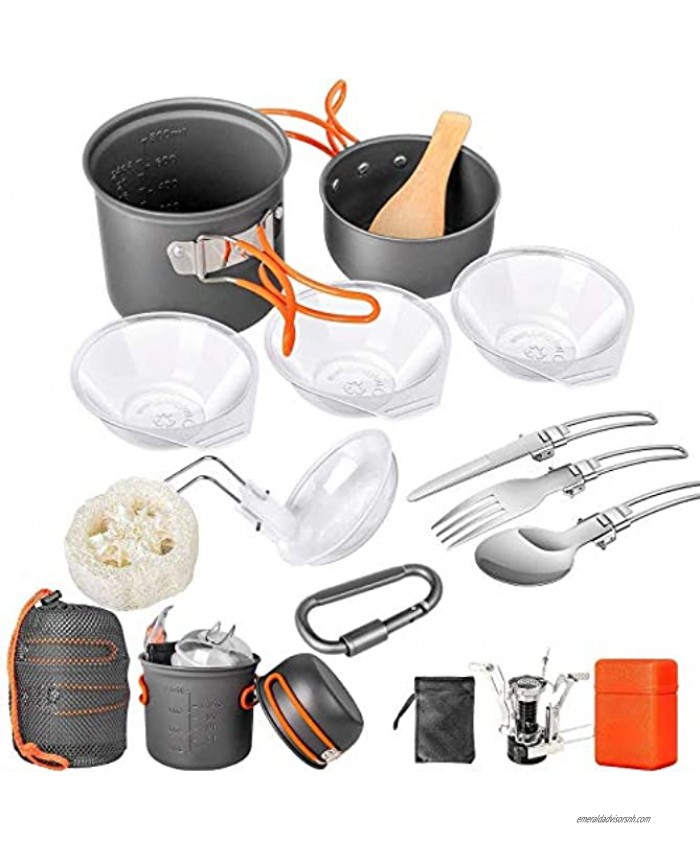 Limechoes Camping Cookware Set 16 Pcs Camping Pots and Pans Set Non-Stick Mess Kit Stove Canister Stand Backpacking Camping Cooking Set for Outdoor Hiking Picnic with Folding Knife and Fork Kit
