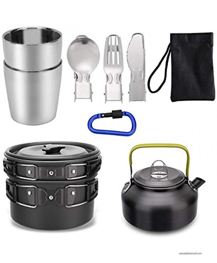Mokoala Camping Cookware Kettle Pot Pan Mess Kit 10Pcs Lightweight Backpacking Gear with 2 Stainless Steel Cups for Outdoor Camping Backpacking Hiking Picnic