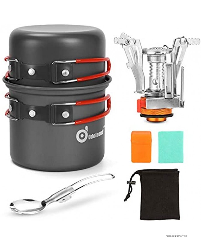 Odoland 6pcs Camping Cookware Mess Kit with Lightweight Pot Stove Spork and Carry Mesh Bag Great for Backpacking Outdoor Camping Hiking and Picnic