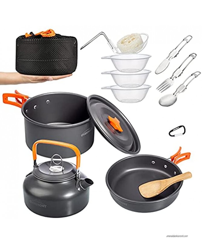 Overmont 1.95 Liter Pot+ Kettle Camping Cookware Set 1-2 Person Campfire Kettle Outdoor Cooking Mess Kit Pots Pan for Backpacking Hiking Picnic Fishing with Spork Knife Spoon