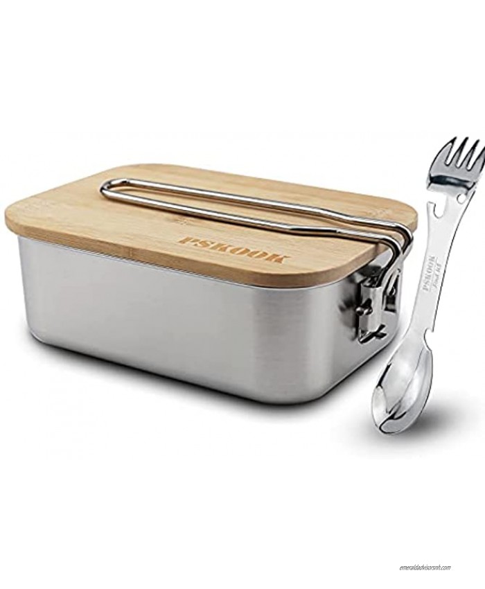 PSKOOK Premium Bento Box with Natural Bamboo Lid 304 Stainless Steel Portable Camping Pot with Folding Handle for Hiking Camping Backpacking Metal Lunch Box Crack-Resistant 0.9 Liter