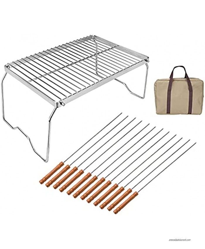 RUBY-Q Folding Campfire Grill Portable and Heavy Duty 304 Stainless Steel Camp Grill Grate with Carrying Case and 12 Kabob Skewers Over Fire Camping Grill for Outside Picnic BBQ