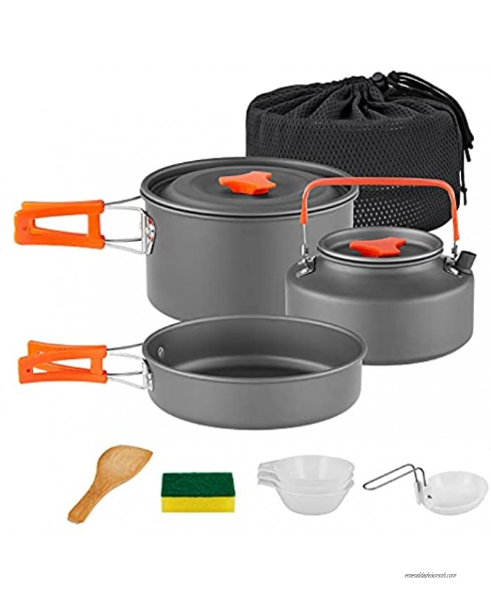 YETO Hard-Anodized Aluminum Foldable Camping Cookware Set Backpacking Camping Pots and Frying Pans Cooking Camp Kitchen Camping Mess Kit Eco-Friendly Cooker Set for 2-3 Persons