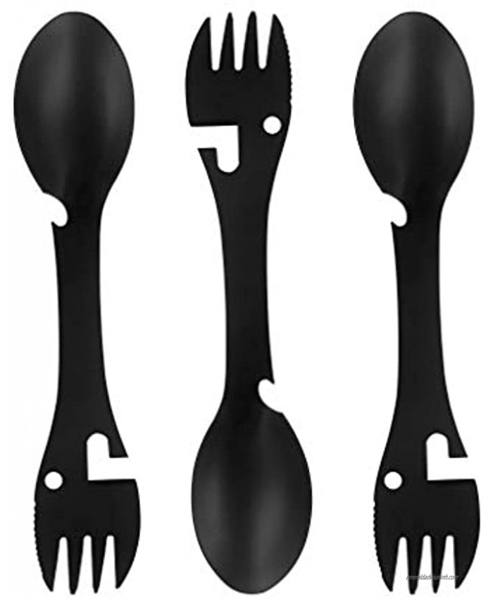 3PC Camping Spork Multi-Function Fork Spoon 5 in 1 Stainless Steel Spork ，Outdoor Camping Picnic and BBQ Portable Cutlery Open Can and Bottle Opener； SFV08221 Black