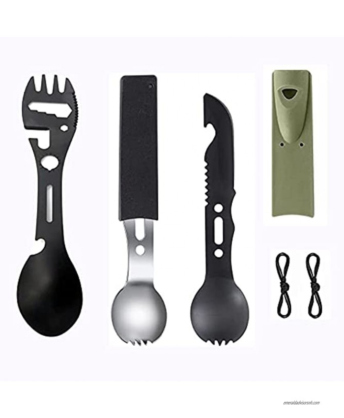 Camping Spork,Multifunctional Stainless Steel Spoon Fork Knife Combo Utensil with Bottle Opener Emergency Whistle Saw Tooth Blade Rope Open Can for Hiking Hunting3pcs