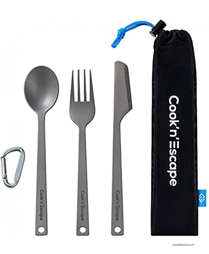 COOK'N'ESCAPE Titanium Camping Cutlery Set 3 IN 1 Flatware Sets Knife Fork Spoon Lightweight Utensils Set with Carabiner Clip and Case for Traveling Camping Picnic Hiking Backpacking Outdoors