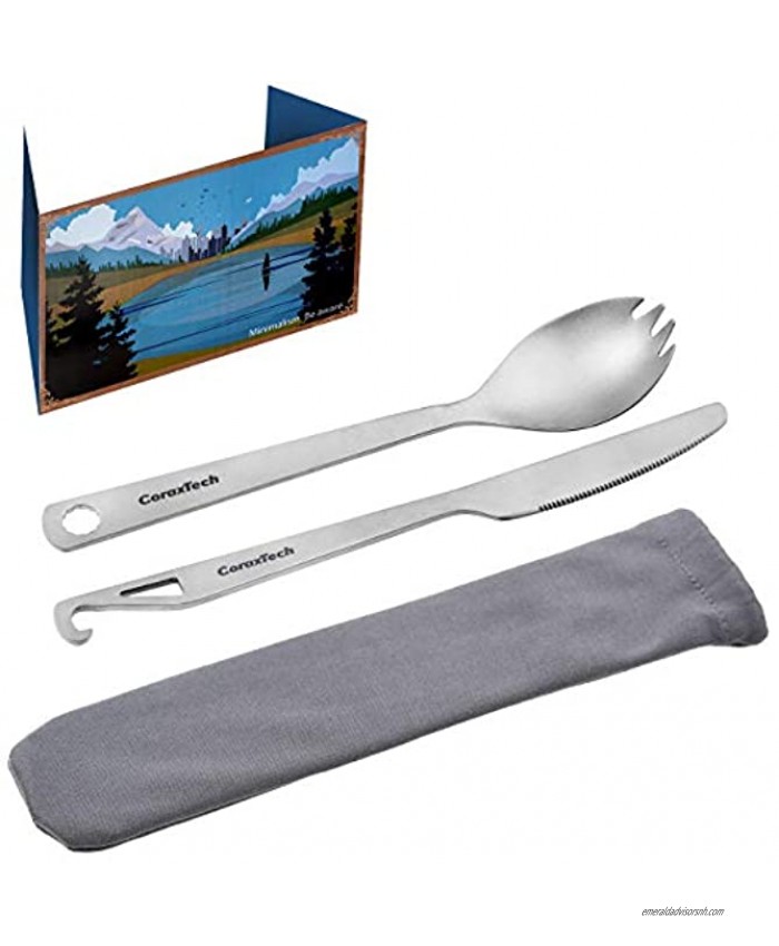 CORAXTECH Minimalist Titanium Cutlery Set Titanium Spork and Titanium Knife with Bottle Opener and Washable Bag. Backpacking Spork and Knife with Full Cutlery Utility