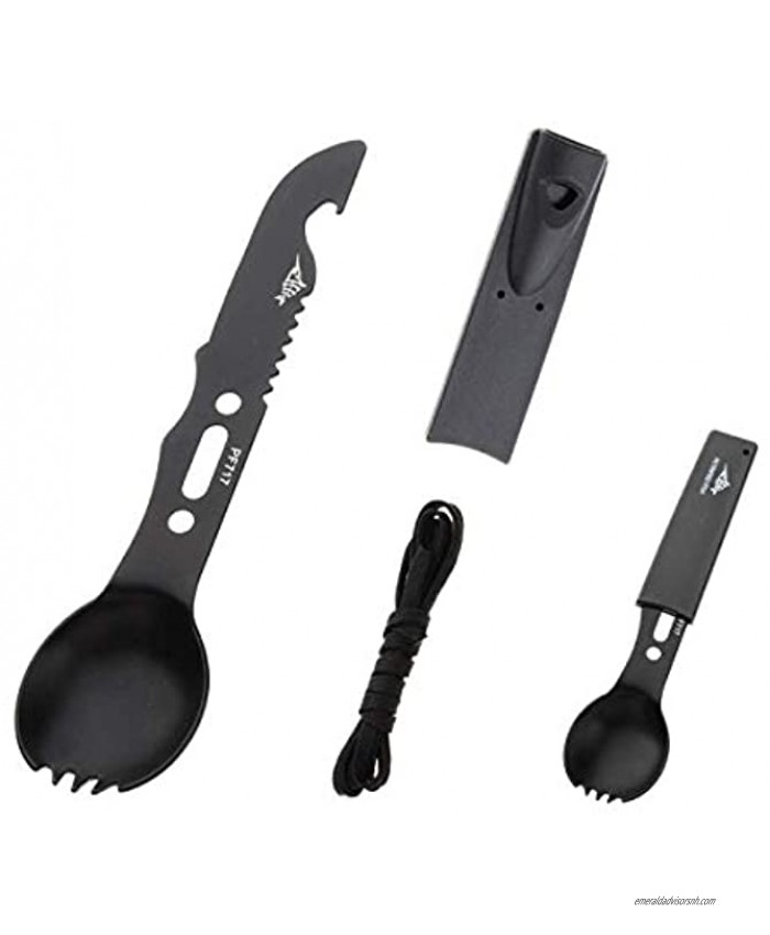 iziusy 7 in 1 Multifunctional Camping Spork. Stainless Steel Spoon Fork Knife Combo Utensil with Bottle Opener Emergency Whistle Saw Tooth Blade Rope Survival Multitool for Hiking Backpacking Hunting