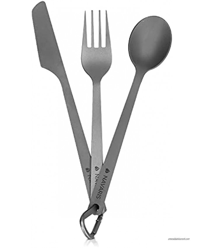 Navaris Titanium Camping Cutlery Set Lightweight Camping Utensils for One Knife Fork and Spoon with Carabiner Clip and Case for Hiking and Travel