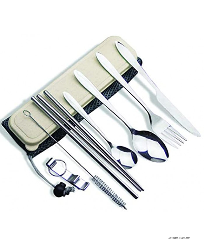 Portable Reusable Metal Travel Utensil Set- 9 Pcs Stainless Steel Cutlery Kit –Dinner Knife Fork Spoon Bottle Opener Straw Chopsticks -Cleaning Brush Mesh Bag storage box- Camping Set