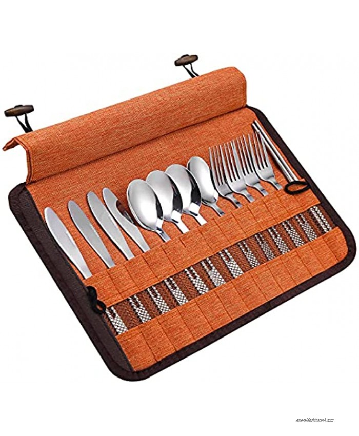 Stainless Steel 13 Piece Family Cutlery Picnic Utensil Set with Travel Case for Camping | Hiking | BBQs Includes Forks | Spoons | Knifes | Chopstick Plus Nylon Commuter Case YELLOW