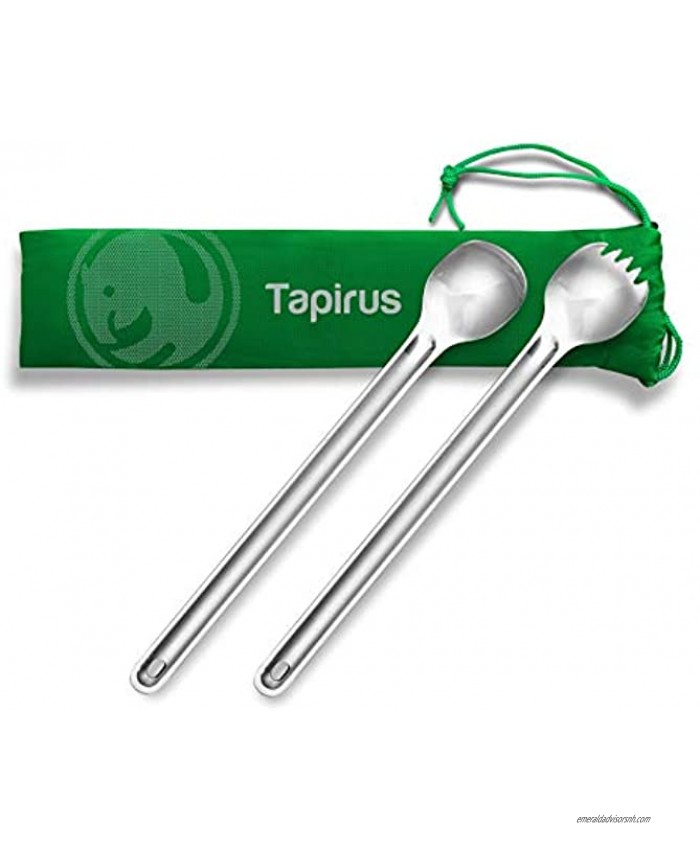 Tapirus Long Handle Spoon and Spork Set Deep Reach Stainless Steel Cooking Eating Utensils Access Bag Bottoms Keep Hands Clean and Away from Heat + Carry Bag Ideal for Hiking Camping Backpacking