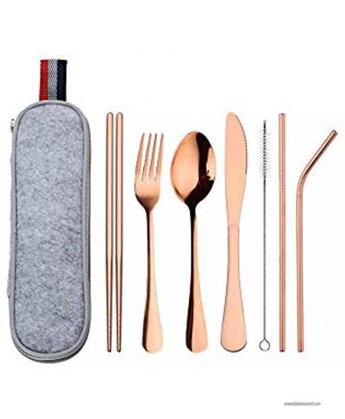 WeTest Portable Travel Utensils for Office Lunch or Camping 8 Pcs with Straw Stainless Cutlery Set with Straight Straw and Knife Fork Spoon Rose Gold LJ-LJ-112804