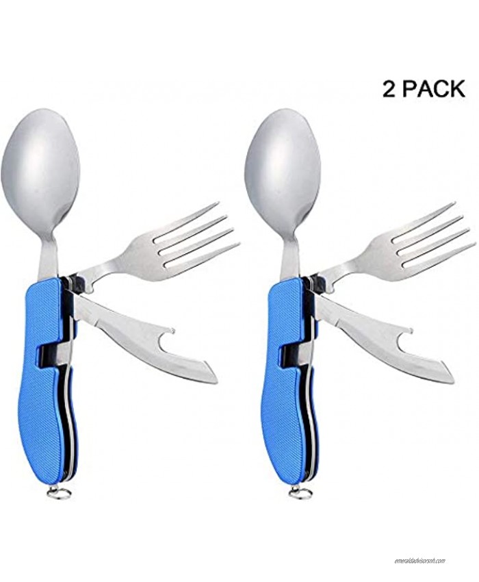 WWZJ 2Pcs Detachable Camping Utensils Cutlery SetFork Spoon Knife Bottle Opener 4 in 1 Stainless Steel Travel Utensil