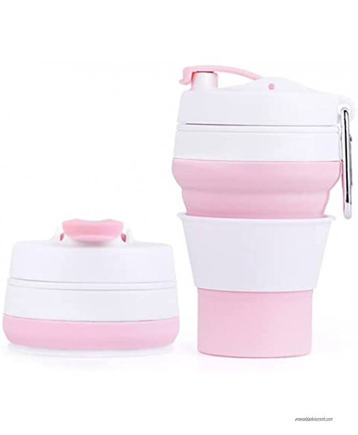 Collapsible Travel Cup Portable Foldable Lightweight Camping Cup with Lid Expandable Water Cup Outdoor & Office Hiking Travel Sport 17 Oz 480ml Coffee Mug Leak Proof BPA Free Pink