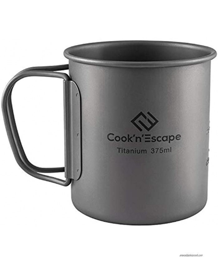 COOK'N'ESCAPE 375ml Titanium Cup Lightweight Camping Coffee Mug with Foldable Handle for Outdoor Backpacking Hiking Open Fire