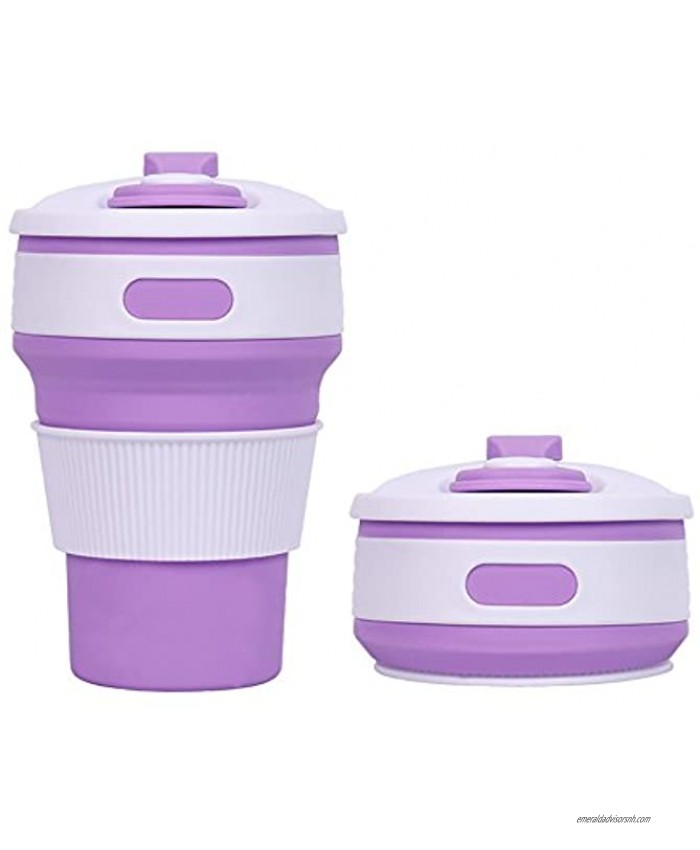 Coopro Collapsible Travel Cup Food-grade Silicone Drinking Cup Set with Lids Folding Coffee Mugs for Camping Hiking Commuting Outdoor Picnic Expandable Water Bottle BPA Free Purple