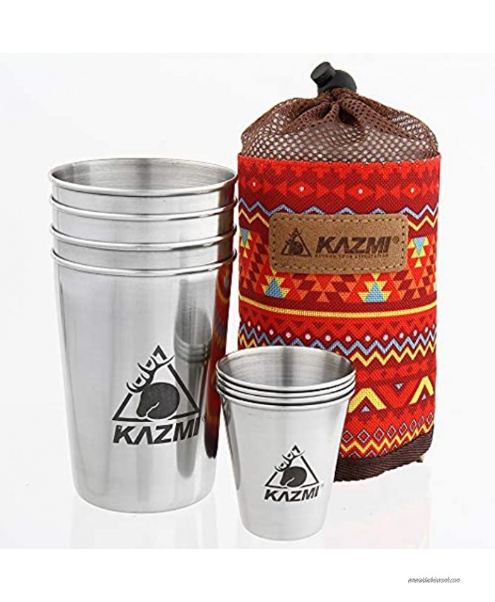 Kazmi Stainless Steel Cups 8 Set | Large and Small Size | Stainless Steel Tumbler and Metal Drinking Glasses Set for Camping Hiking Backpacking | Water Coffee Wine Beer | BPA Free
