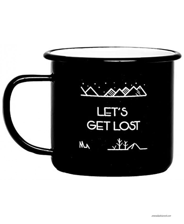 Let's Get Lost | Enamel Camping Coffee Mug 15 Ounces | 2-Sided Unique Geometric Design | Large Size | Perfect for Coffee Tea Beer Wine Oatmeal or Soup