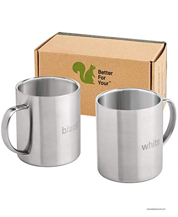 Stainless Steel Coffee Mugs Camping Double Wall BPA free 13.5oz Metal Coffee Mug Tea Cup Wide Handle Fits Popular Coffee Machines Shatterproof Set of 2 Cups with Laser Words Black & White