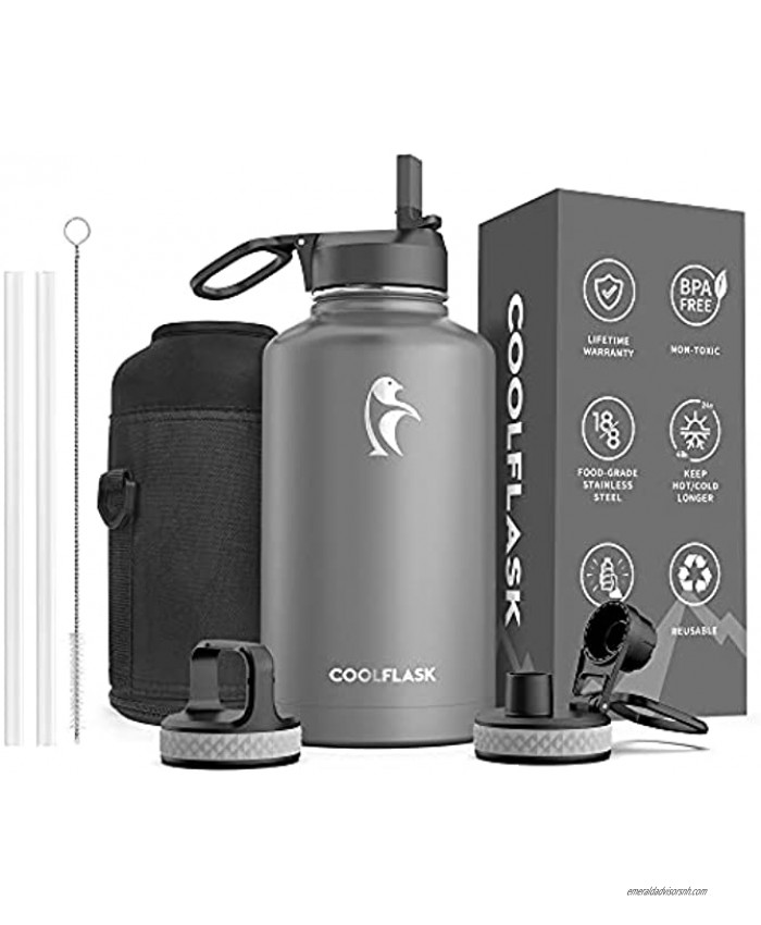 64 oz Water Bottle with Straw & Spout Lid Coolflask Insulated Water Bottle Half Gallon Wide Mouth Sweat-Proof BPA-Free Keep Cold for 48 Hrs or Hot for 24 Hrs Knight Grey