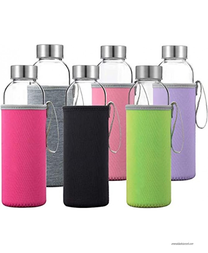 Glass Water Bottles 6 Pack Deluxe Set 18oz Includes 6 Sleeves. Stainless Steel Lids Kombucha Juice Tea