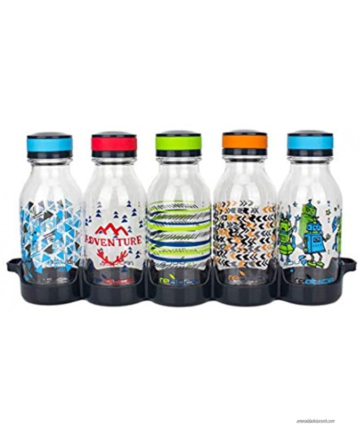Reduce Water Bottle Set 14 oz – WaterWeek Refillable Water Bottles with Twist Off Cap – 5 Small Reusable Water Bottles for Kids Plus Fridge Tray For Your Reusable Water Bottle Set – Adventure