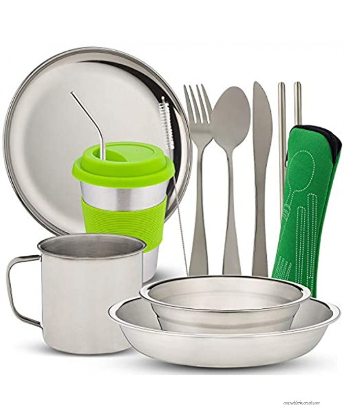 10-Piece Camping Dish Set Stainless Steel Camp Mess Kit with Mesh Bag for Camping Backpacking Hiking Complete Camping Dinnerware Set with Cup Plate Bowl and Cutlery with Zipper Cutlery Bag