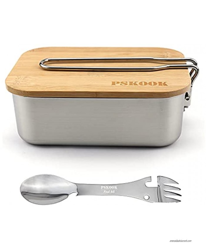 SURVIVAL KOOK 304 Stainless Steel Bento Box Metal Food Container with a Bamboo Lid Portable Camping Pot with Folding Handle for Hiking Backpacking Metal Lunch Box 900 ML with a Multitool Spork