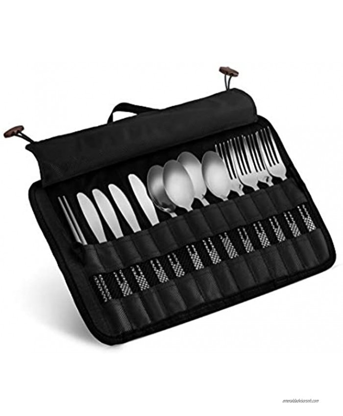 13 Piece Stainless Steel Family Cutlery Picnic Utensil Set with Travel Case for Camping | Hiking | BBQs Includes Forks | Spoons | Knifes | Chopstick Plus Nylon Commuter Case Black