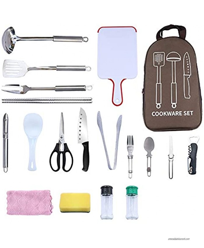 18 Piece Outdoor kitchenware Set Portable Camping Kitchen Utensil Set with Water Resistant Case for Outdoor Picnic BBQ Camping Hiking