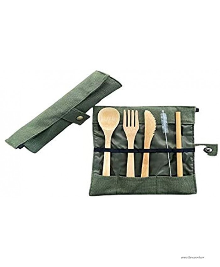2-Pk. Set Bamboo Utensil Cutlery Reusable Eco-Friendly Carrying Case Set to-Go Straw Straw Cleaner Chopsticks Knife Fork Spoon Canvas Carrying Case