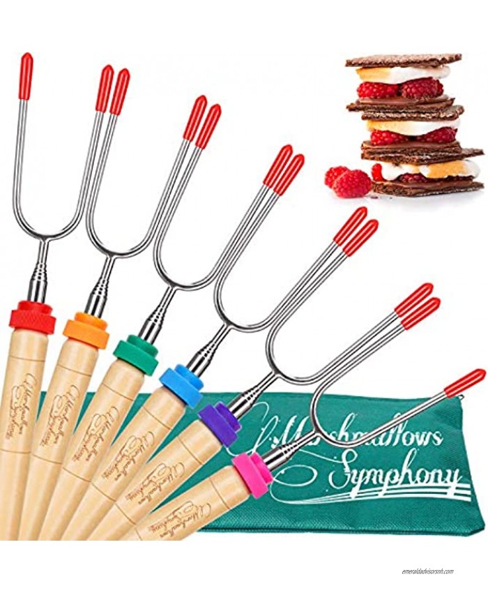 Carpathen Campfire Roasting Sticks for Marshmallow and Hot Dog Set of 6 Telescopic Smores Skewers Extra Long Heavy Duty Forks for Fire Pit & Fireplace Camping Grill Accessories