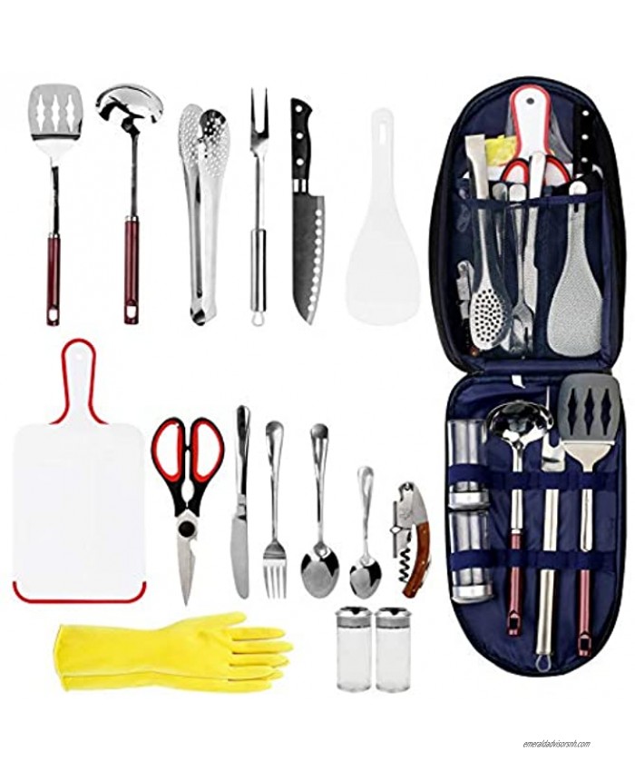 OAOLEER Camping Cookware Camp Kitchen Utensil，16-Piece Stainless Steel Outdoor Cooking and Grilling Utensil Organizer Travel Set Perfect for Travel Camping BBQs Parties Potlucks and More