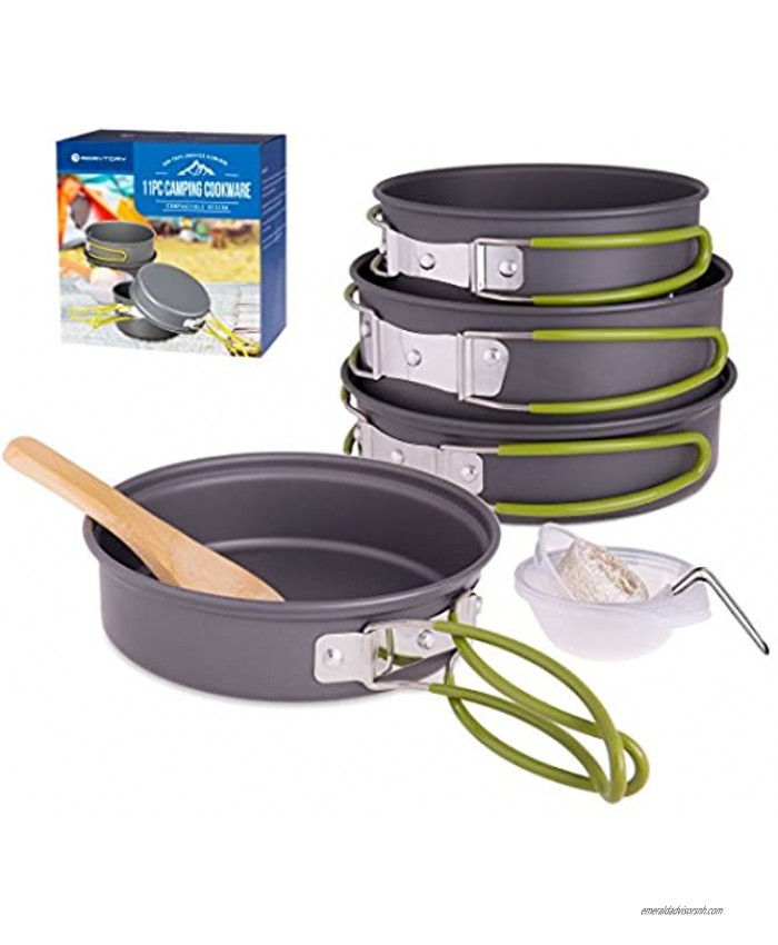 RoryTory Camping Cookware Collapsible Cooking Pots & Pan Survival Kit Complete Backpacking Gear Set with Frying Pan Small Pot Large Pot Serving Cups & Stirring Spoon Hiking & Outdoors Full Kit