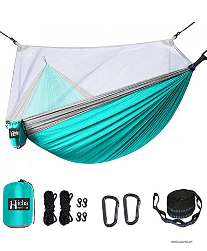 Hieha Double Camping Hammock with Mosquito Bug Net Portable Lightweight 2 Person Tree Hammocks with 2 Tree Straps Parachute Nylon Travel Hammocks for Outdoor Backpacking Camping Adventure Hiking