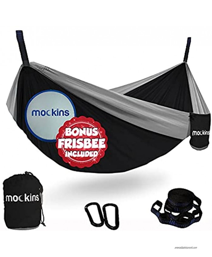 Mockins Black & Gray Double Camping Hammock with Adjustable Tree Straps & Frisbee | Durable & Lightweight Nylon Portable Hammock and Travel Hammock Can be Used as an Indoor Hammock or Outdoor Hammock