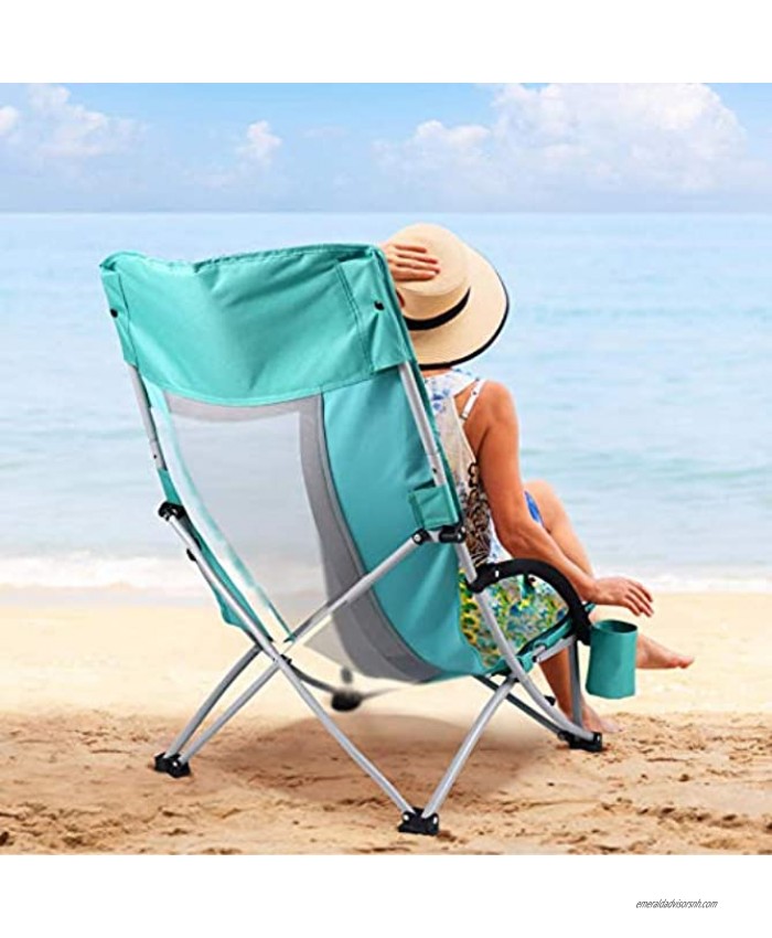 CLISPEED Low Beach Camping Folding Chair,Low Sling Beach Chair Ultralight Backpacking Chair with Cup Holder and Carry Bag for Camping Beach Patio BBQ Picnic Travel（High Back）
