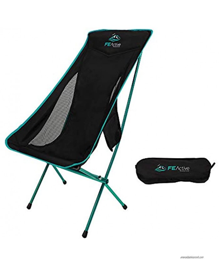 FE Active Folding Camping Chair Extra Long Portable Compact Folding Beach Chair w Headrest for More Comfort. Full Aluminum Joints for Hiking Outdoors Backpacking Travel | Designed in California