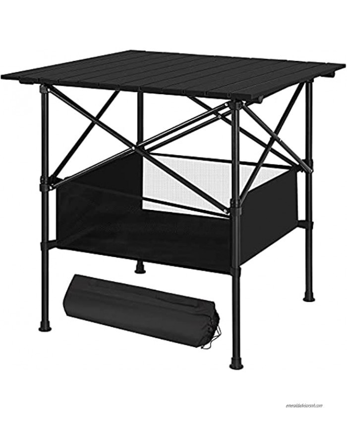 LIANTRAL Camping Table Portable Aluminum Roll-up Picnic Backpacking Table with Mesh Storage Bag 27.6” x 27.6” x 27.6” Black