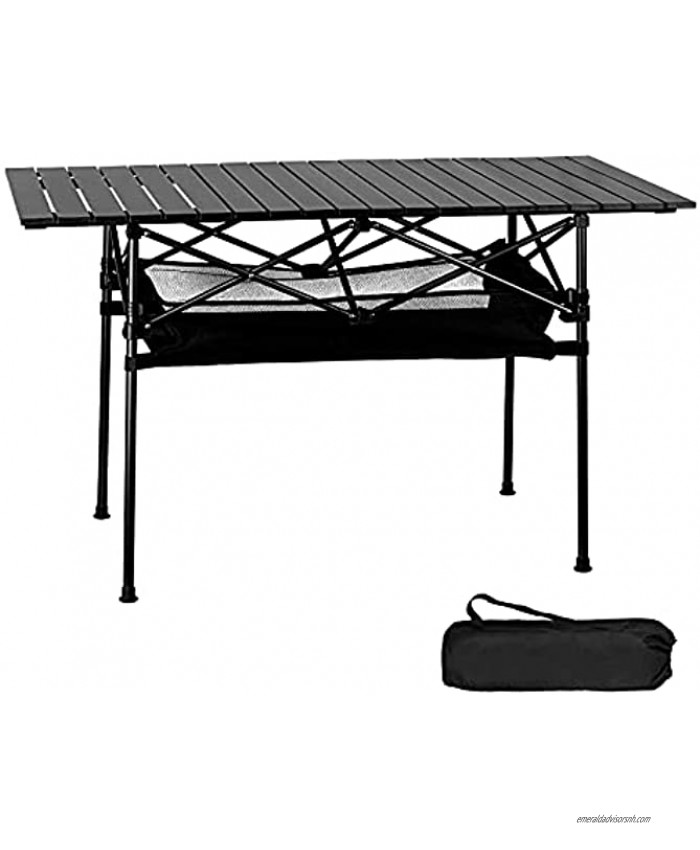 Lilithye Black Roll up Large Aluminum Camping Table with Storage Underneath Packable Camp Picnic Table with Bag