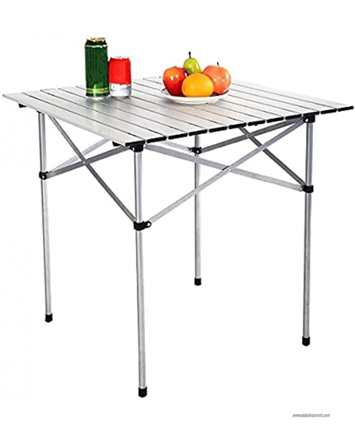 MYOYAY Folding Camping Table Portable Lightweight Aluminum Foldable Table Square Roll Up Top Camp Table with Carry Bag for Outdoor Picnic Cooking Silver